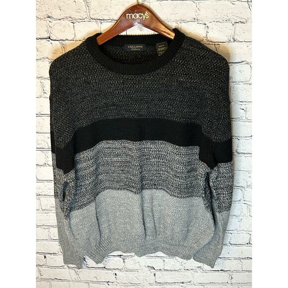 SALE!! Cellini Collezione striped sweater Mens size Medium wool blend black grey - Picture 1 of 3